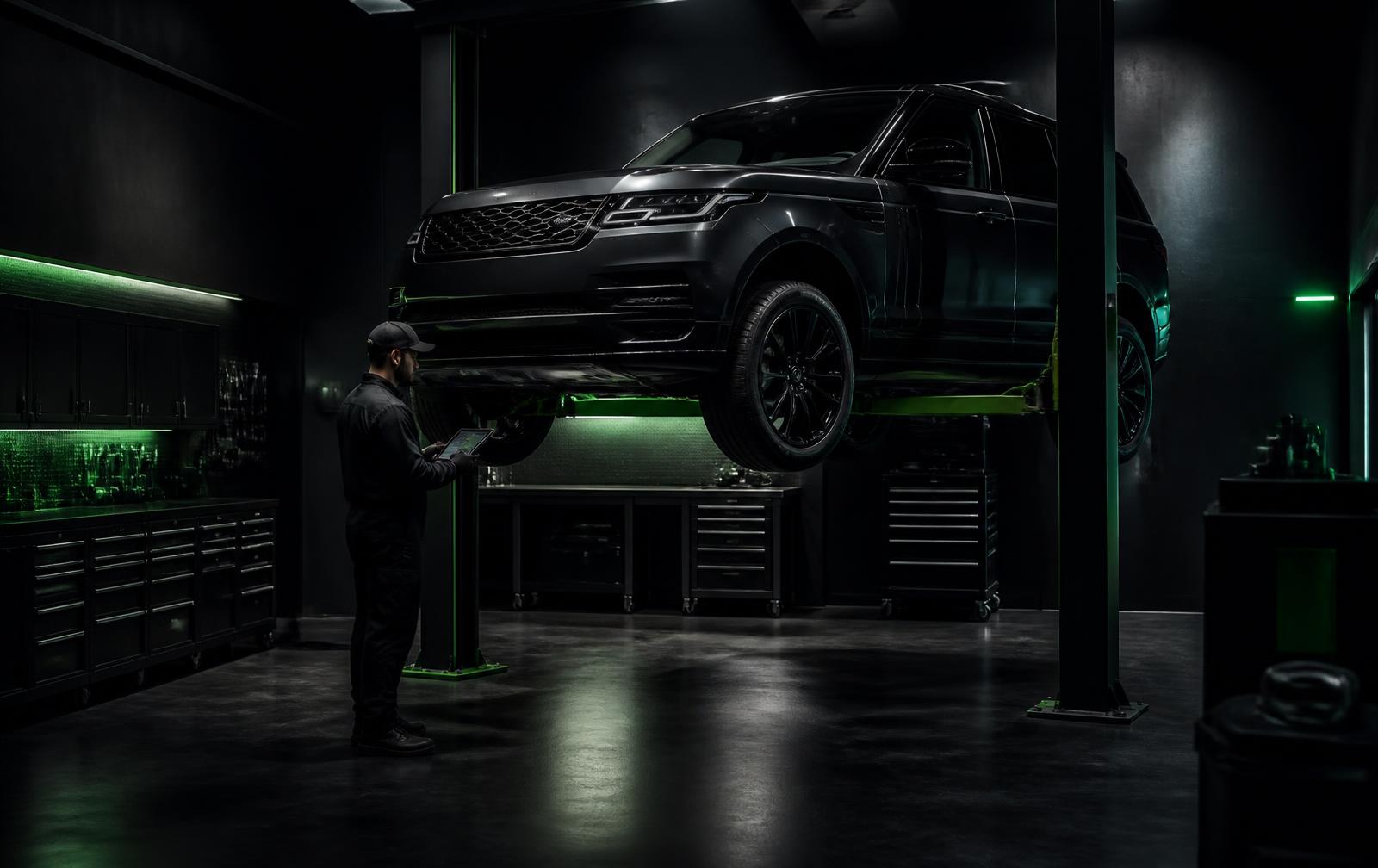 Luxury SUV on a lift in the NTX Motorworks service bay